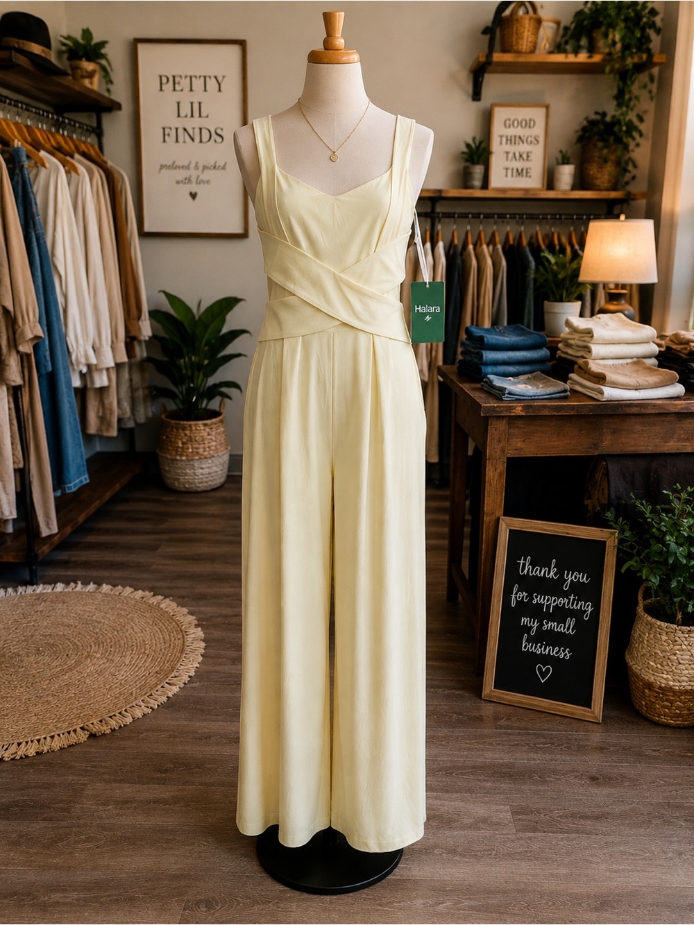 HALARA Light Yellow Wrap Bodice Wide-Leg Jumpsuit